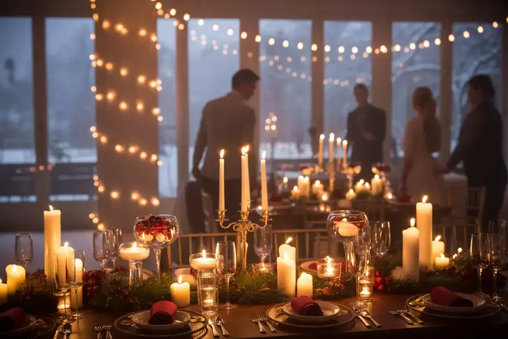 Dramatic winter wedding reception lighting candlelight string lights