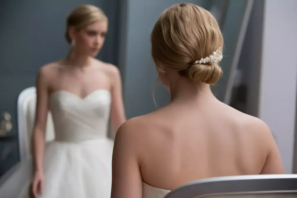 Elegant textured low chignon with pearl accessory on brides neck