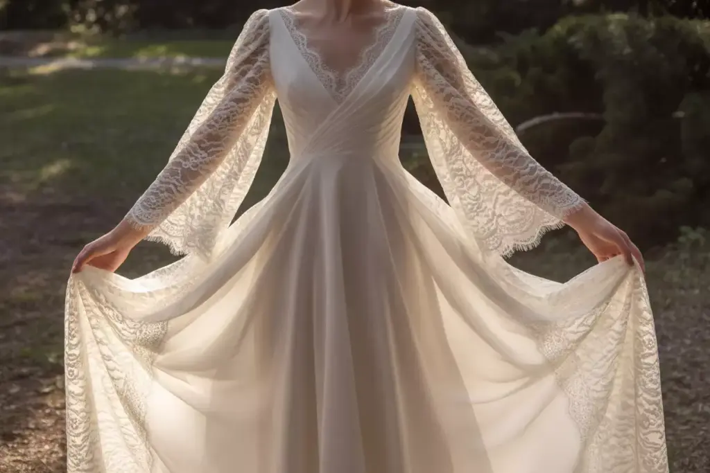 Ethereal a line gown delicate lace sleeves garden setting bride