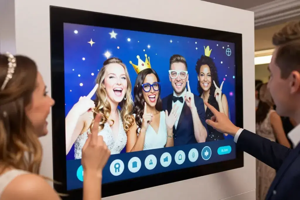 Interactive digital photo booth with augmented reality filters and virtual props