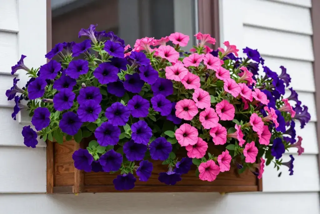 Petunia cascade window box purple pink flowers overflowing exterior house