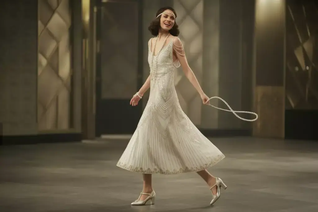 Roaring twenties bride art deco beaded gown pearl headband