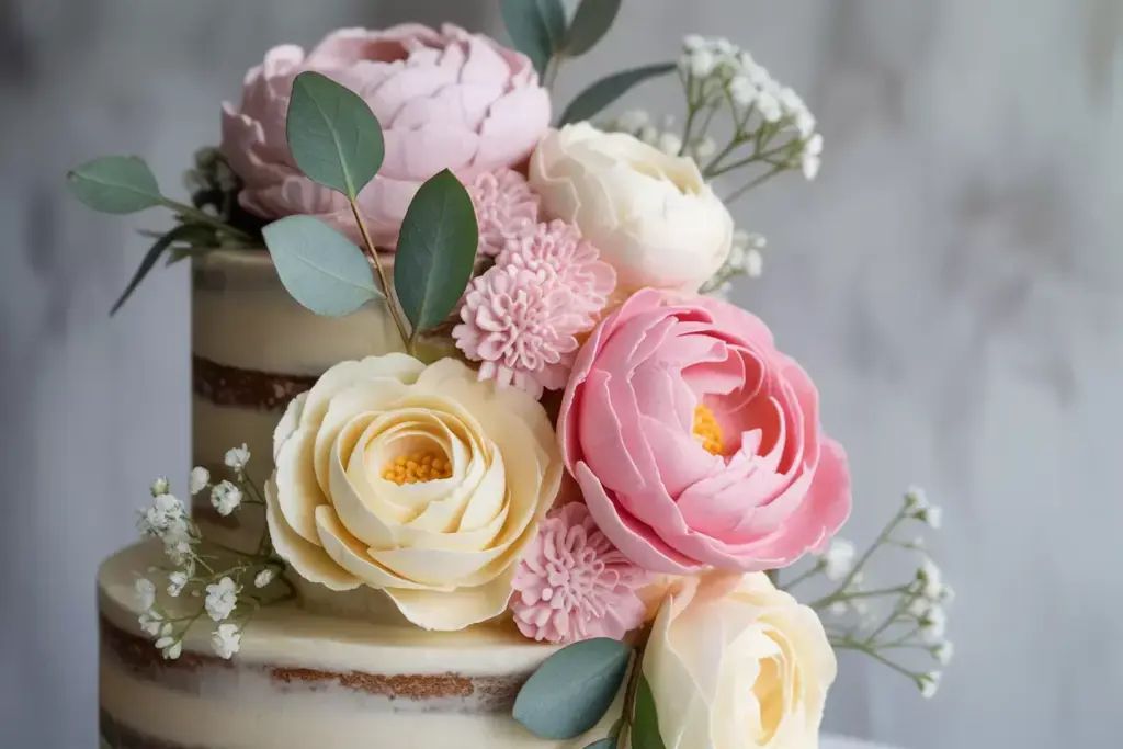 Romantic floral buttercream cake with pink peonies and eucalyptus