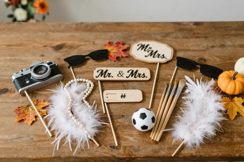 Curated vintage and seasonal photo booth props with custom signage