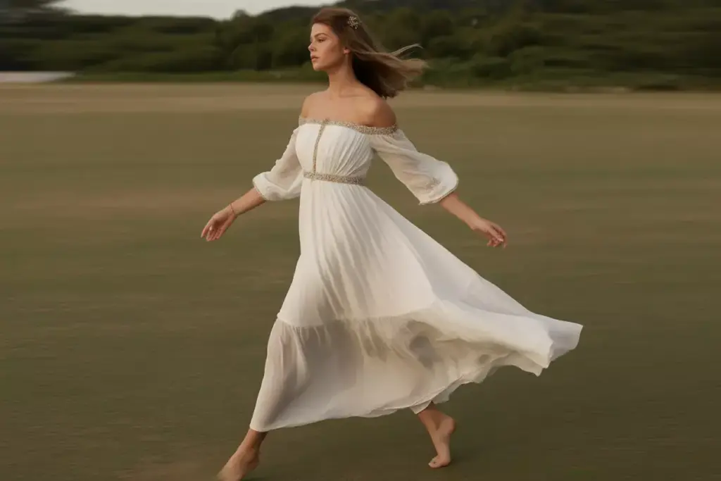 Off shoulder boho dress flowing chiffon layers beach breeze