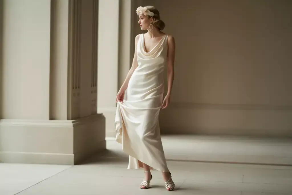 Thirties bride bias cut silk gown floral crown