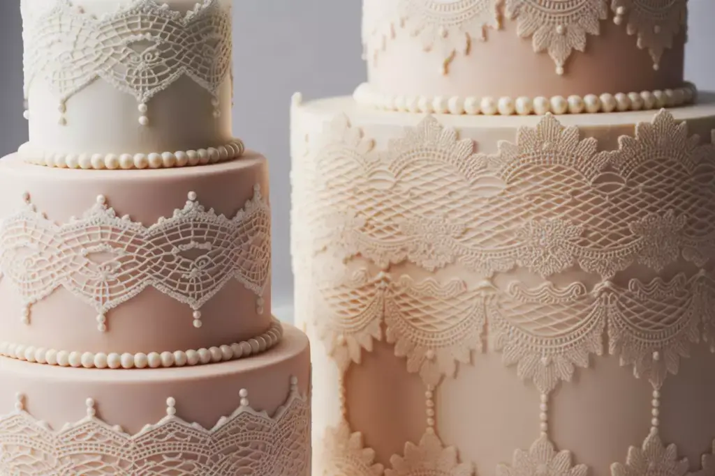 Vintage lace fondant cake with pearl accents and ivory tones
