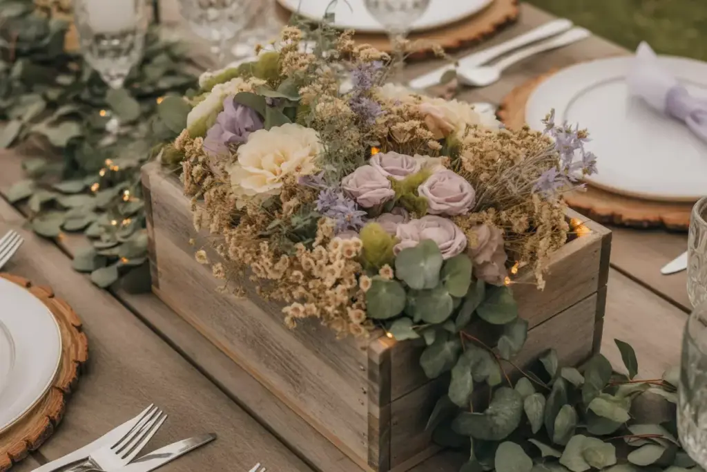 Weathered wood box artificial wildflowers babys breath trailing ivy fairy lights