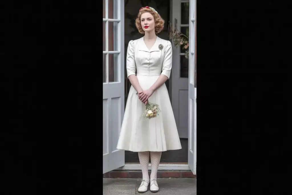 Forties bride tea length sweetheart gown victory rolls