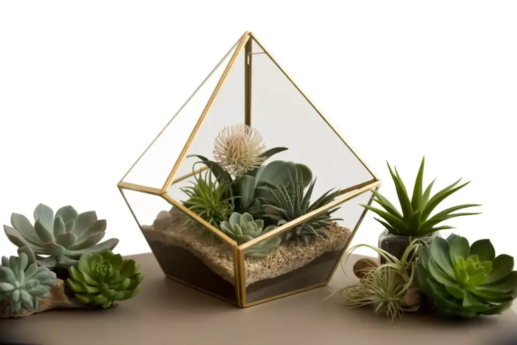 Geometric glass terrarium artificial succulents air plants sand single orchid