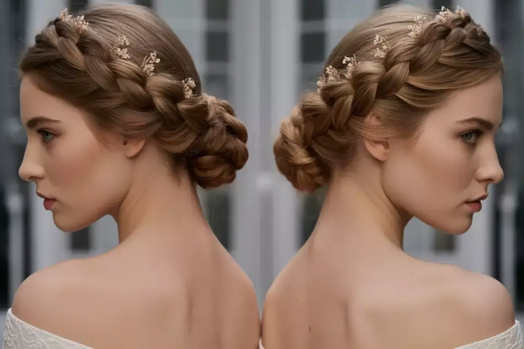 Intricate braided crown updo with crystal pins and low bun