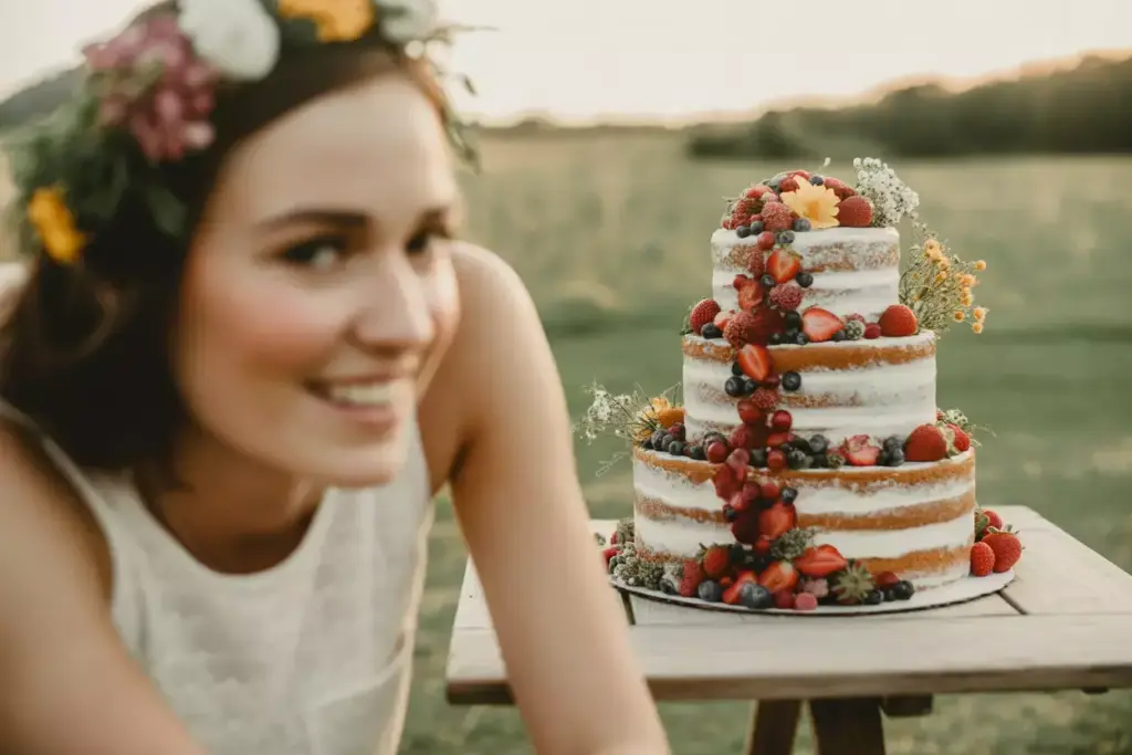 Rustic naked cake with fresh berries and garden roses