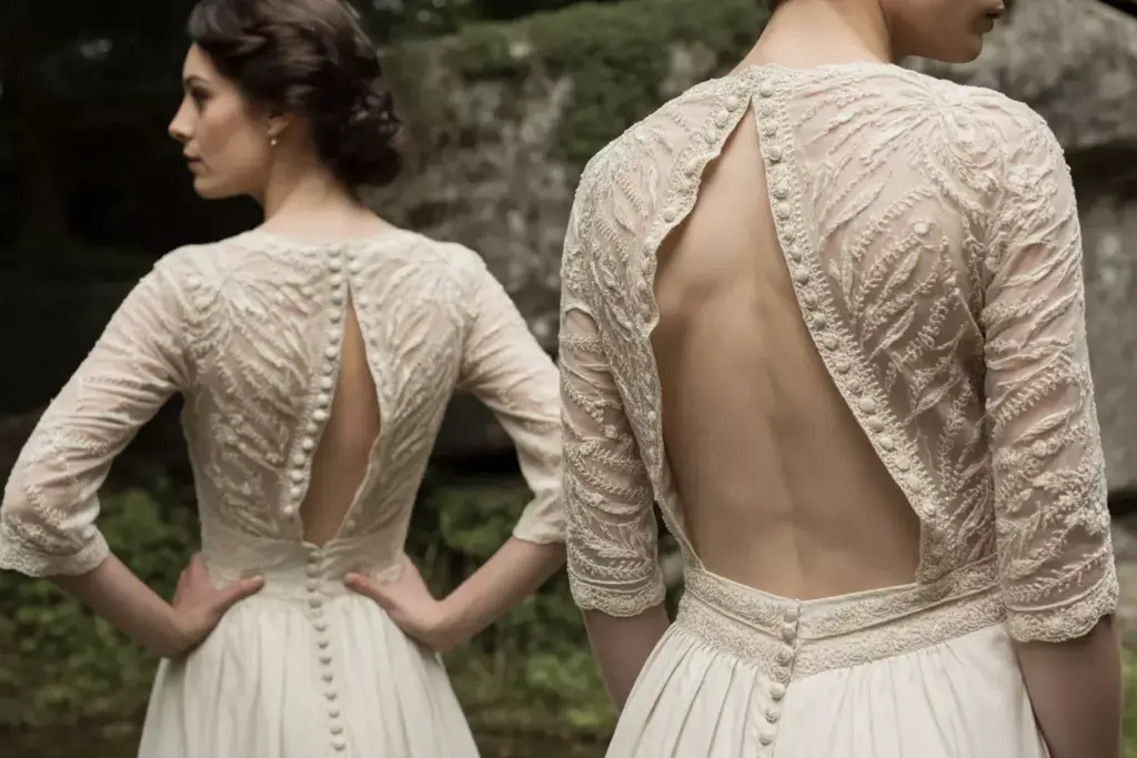 Vintage embroidered backless wedding dress natural backdrop detail