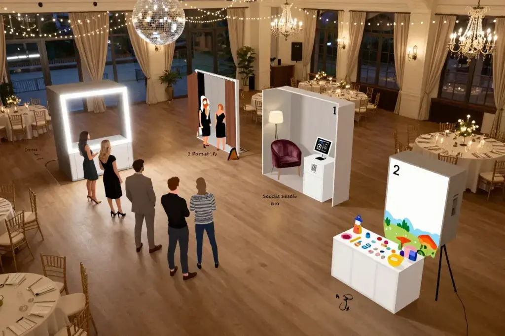 Wedding venue layout with four distinct photo booth station types