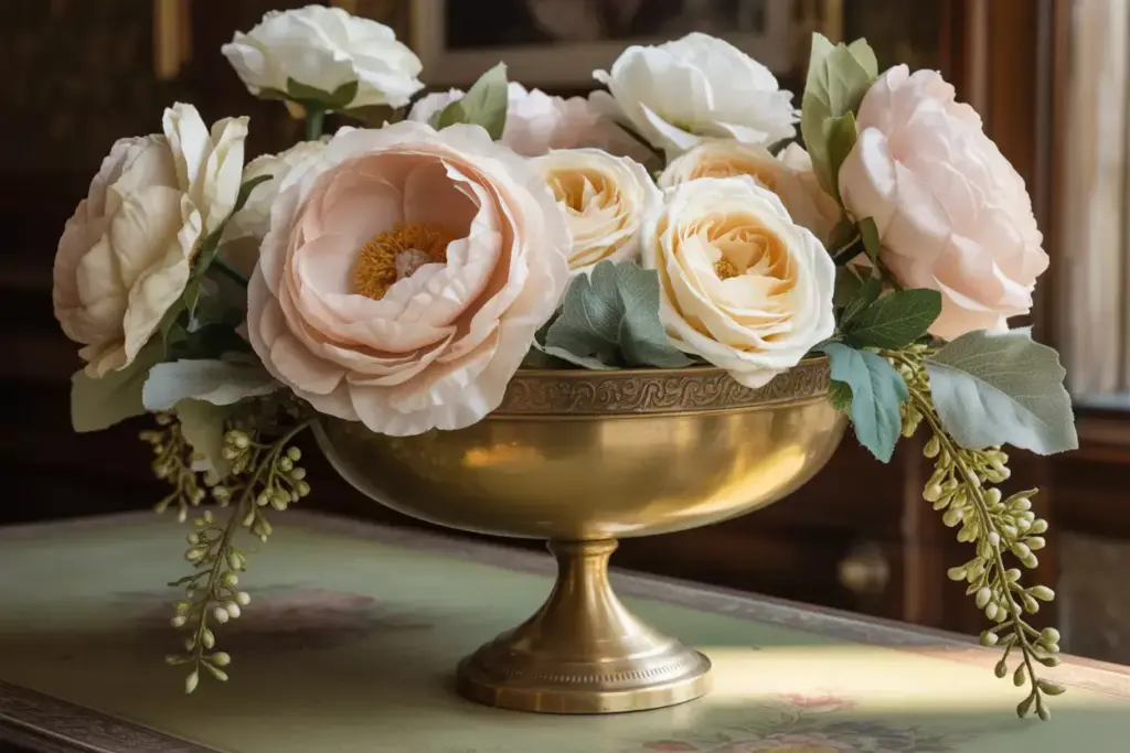Antique brass compote cascading blush peonies cream roses dusty miller vines
