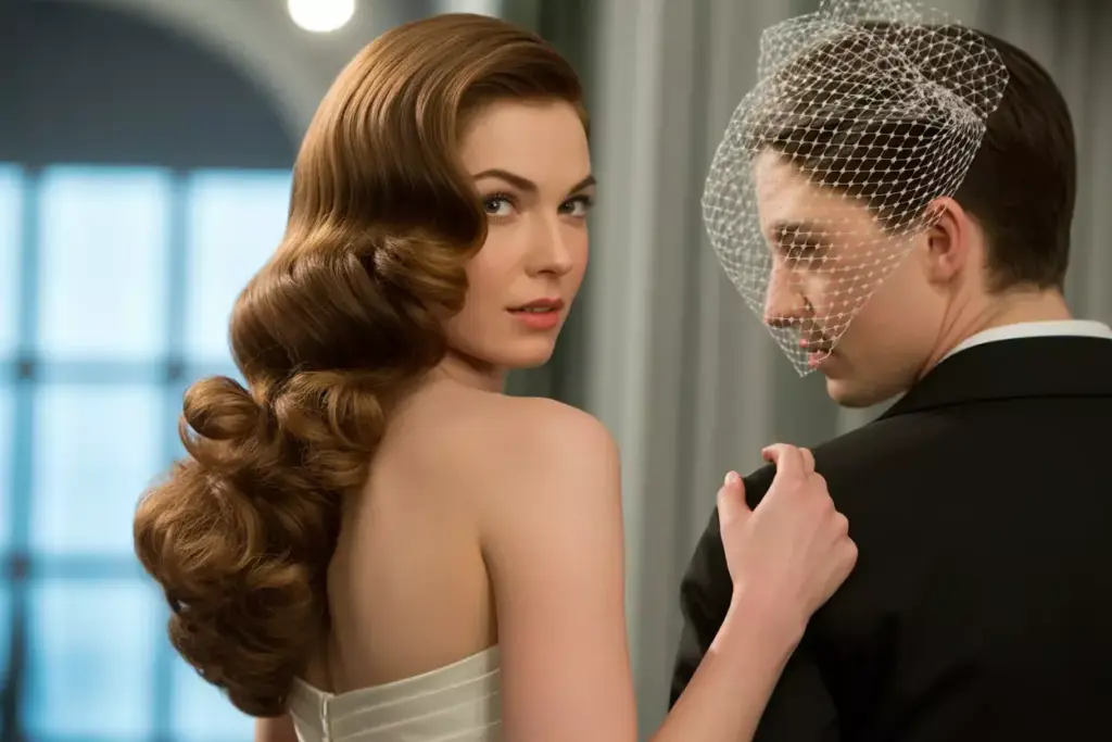 Glamorous side swept hollywood waves with birdcage veil