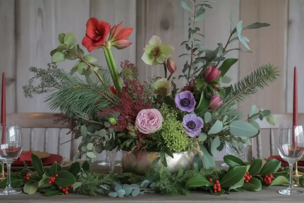 Natural greenery seasonal florals winter blooms centerpiece