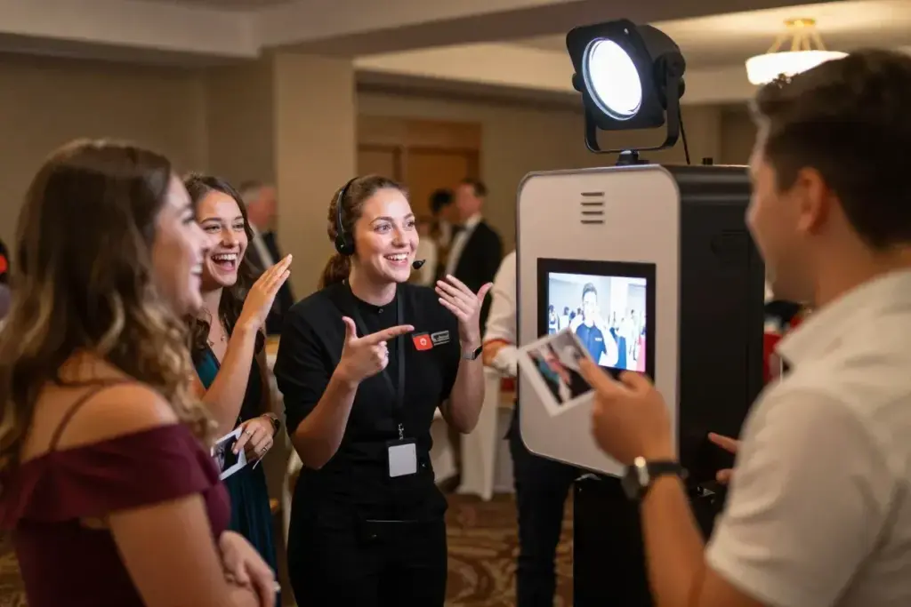 Professional photo booth attendant guiding guests with pose suggestions