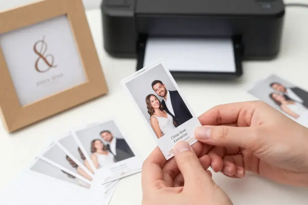 Closeup of custom wedding photo strip and personalized printed keepsakes