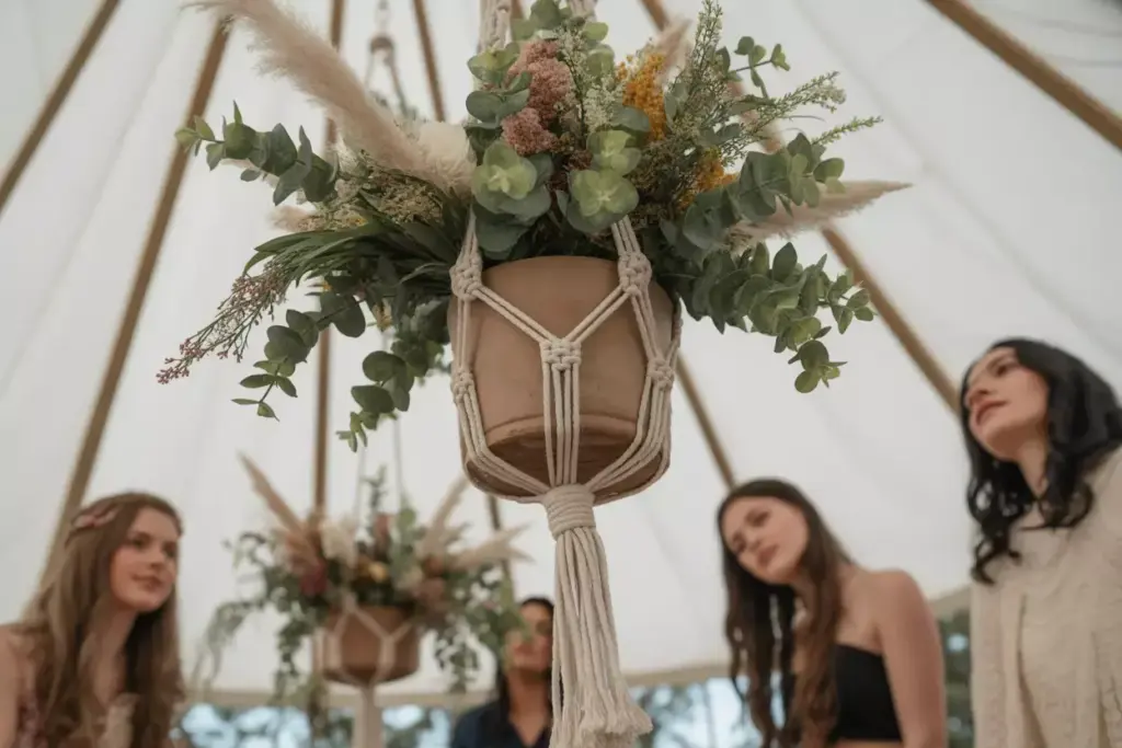 Macrame hanger ceramic pot cascading eucalyptus pampas grass wildflowers