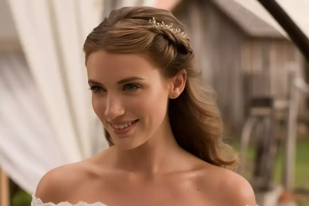 Romantic twisted half up hairdo with decorative comb and curls