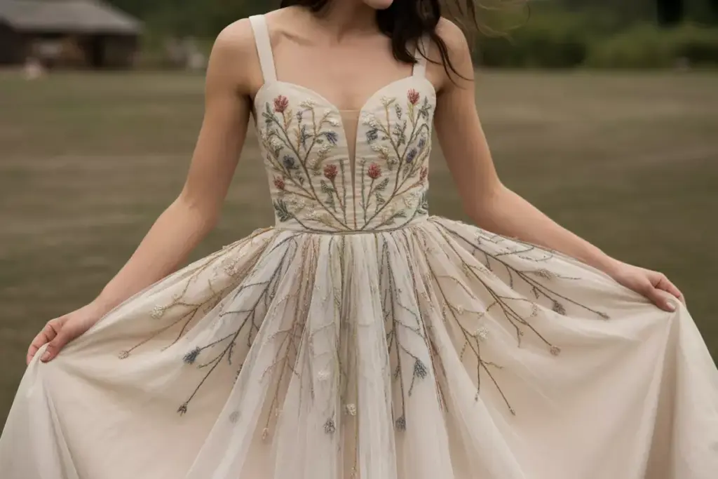 Rustic embroidered bodice multi layer tulle skirt bride field