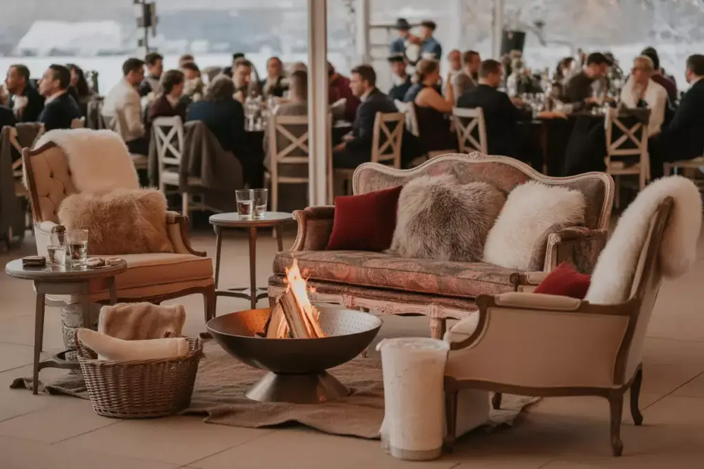 Warm lounge area vintage furniture fur throws fire bowl