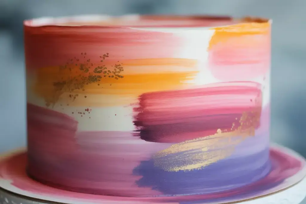 Watercolor painted fondant cake with sunset brush strokes