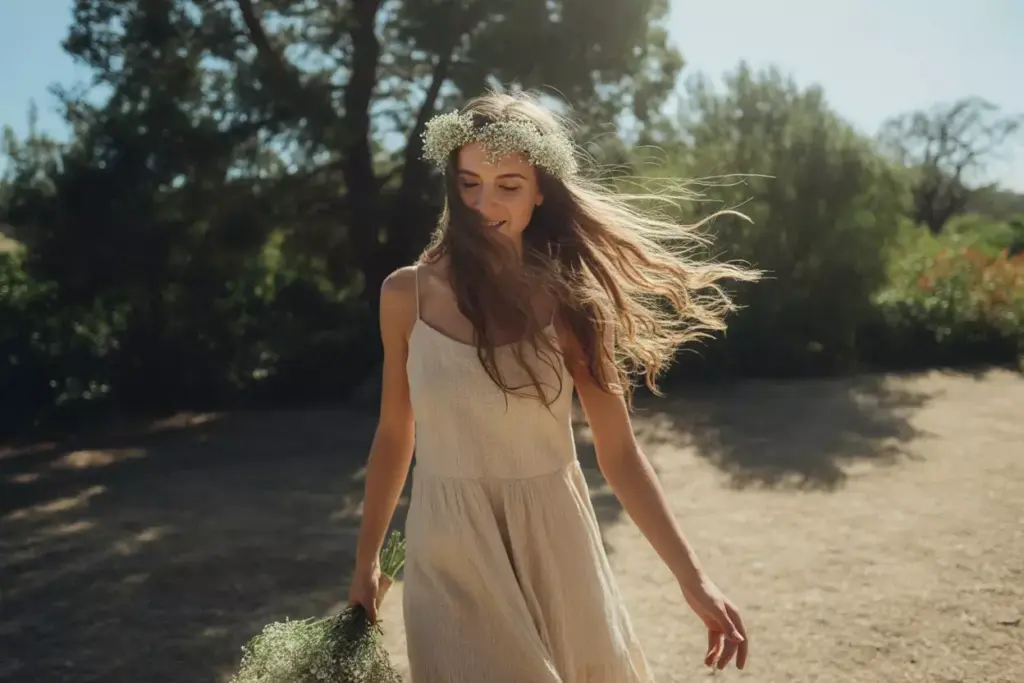 Natural boho waves with flower crown in sunlit garden setting