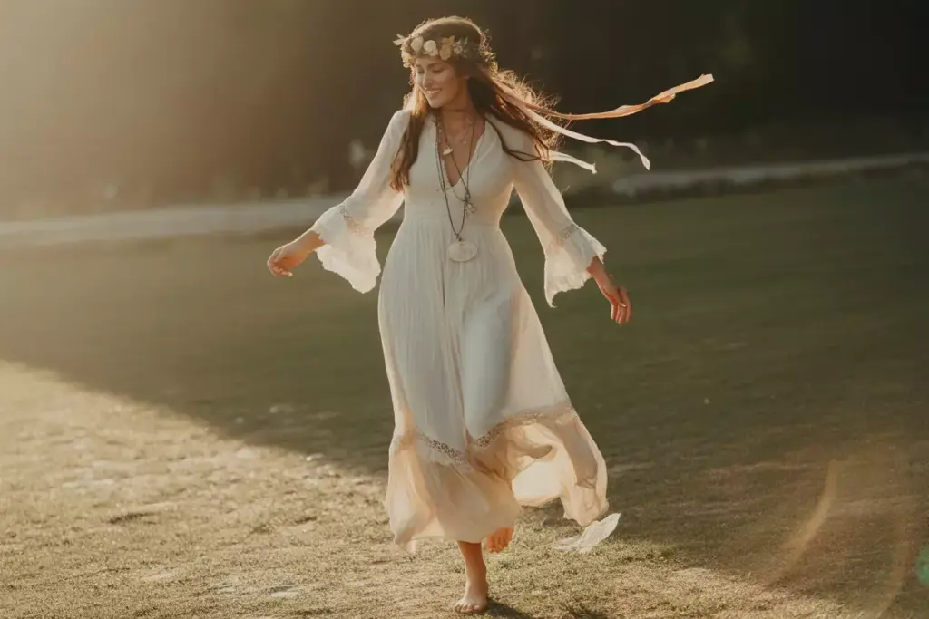 Seventies bride bohemian lace gown flower crown meadow