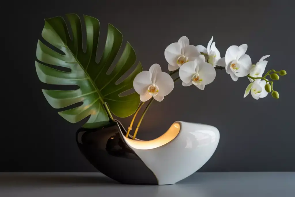 Sleek ceramic vase silk orchids dramatic monstera leaf uplighting shadows