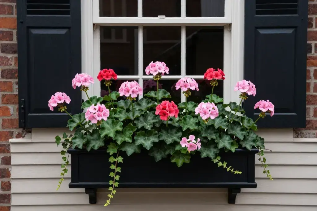 Ivy geraniums pink cascade classic window box traditional home