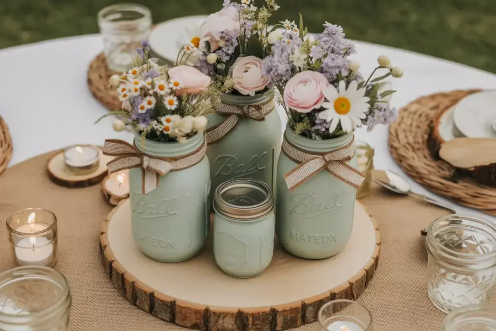 Mason jar cluster cottage garden flowers burlap ribbon wood slice votives