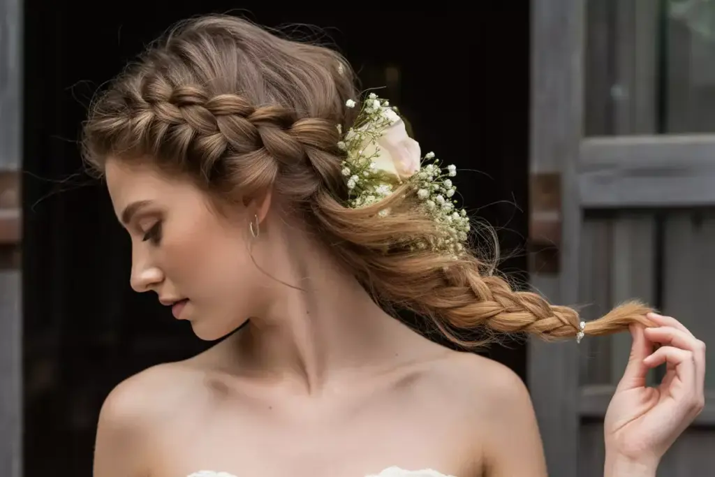 Romantic side cascade braid with fresh flowers and loose waves