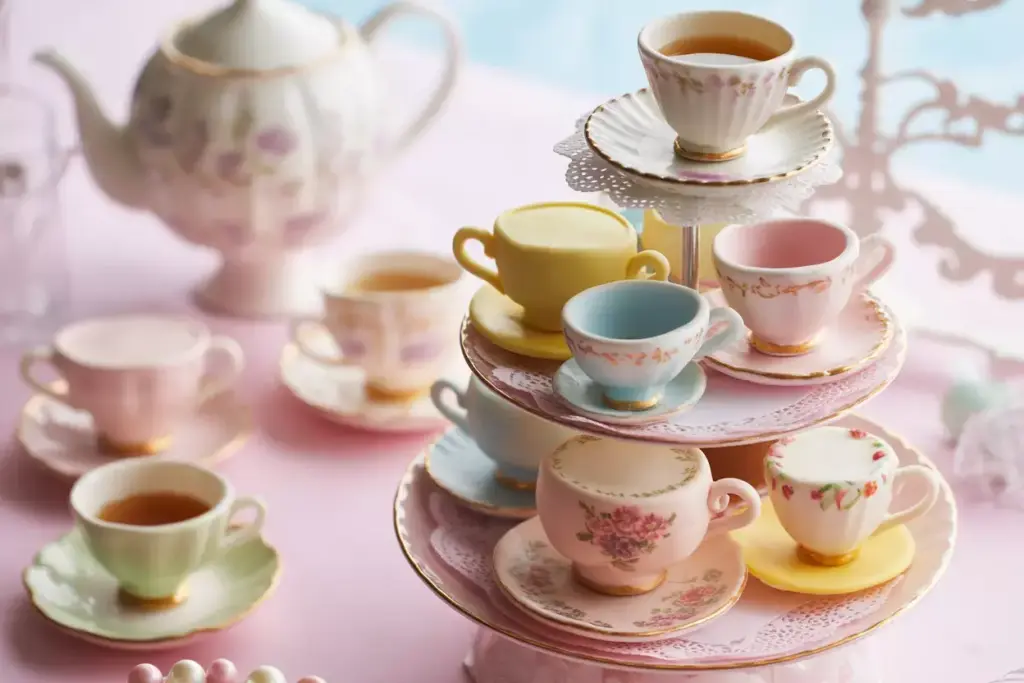 Tea party themed cake with edible china and pastels