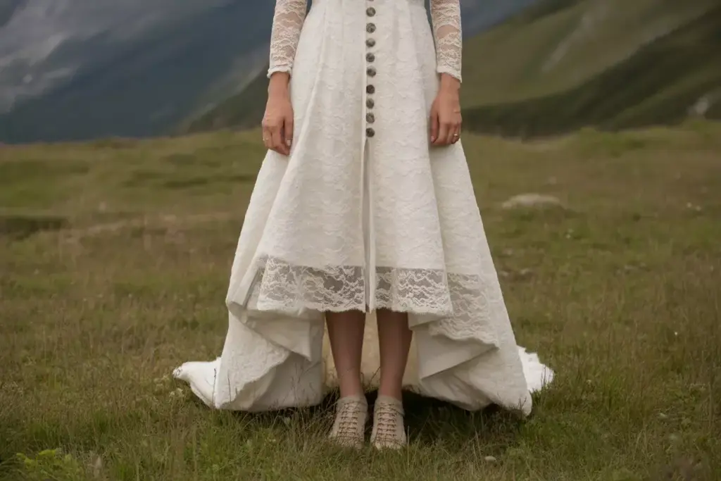 Vintage lace overlay high low hemline bride mountain meadow