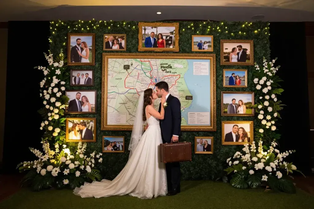 Custom wedding backdrop with map milestone photos and floral decor