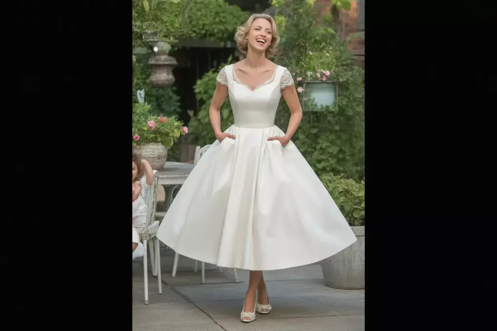 Tea length wedding dress full circle skirt garden party bride