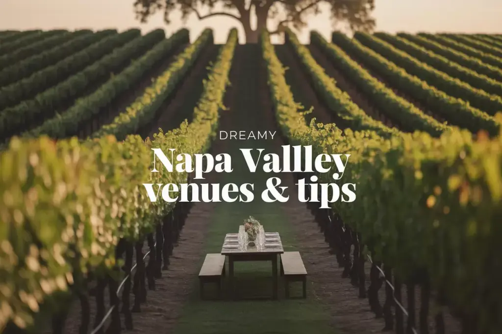 Golden hour vineyard view leading to elegant rustic wedding table setting