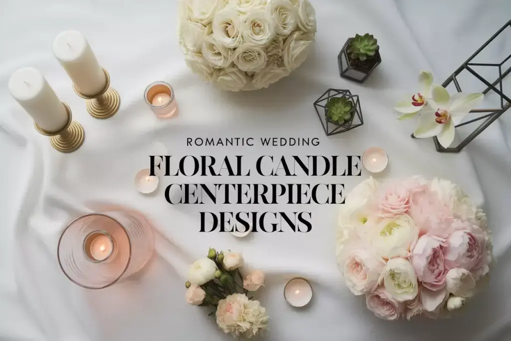 Overhead flat lay of elegant wedding centerpieces with candles and flowers