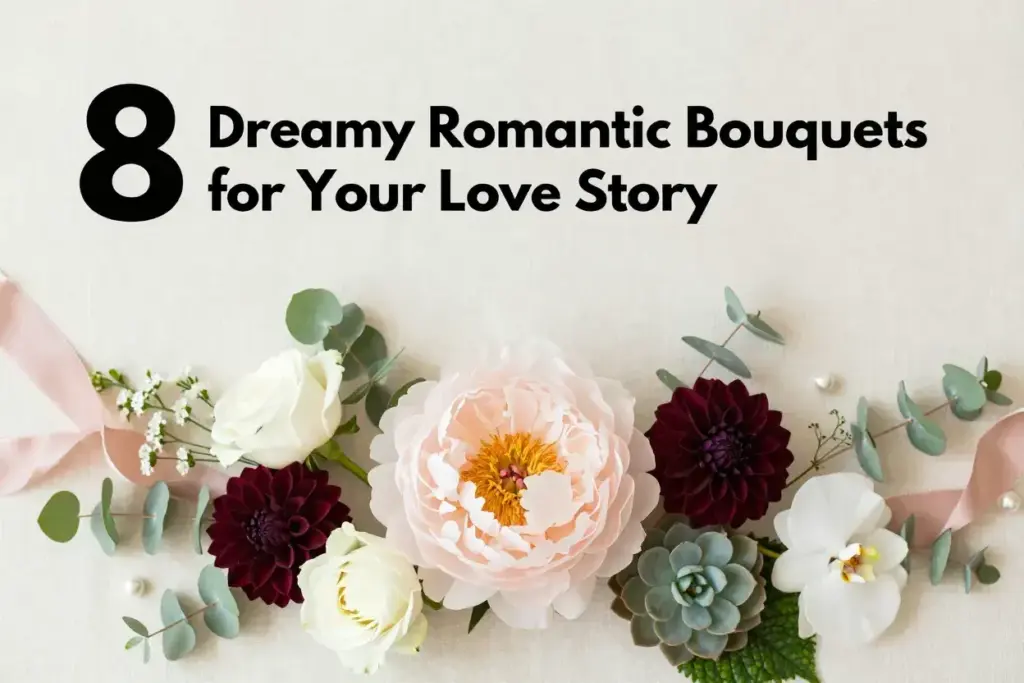 Stylized flat lay of eight dreamy bridal bouquet components blush peony