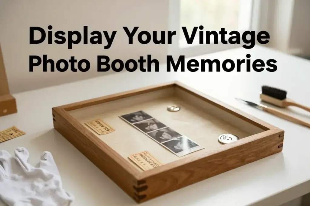 Vintage photo booth strip shadowbox display in warm craft studio