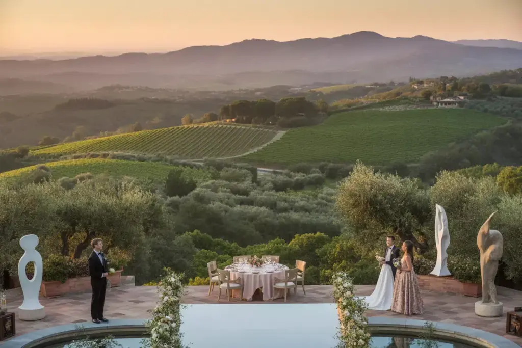 Auberge du soleil hillside terrace sunset vineyard panoramic wedding view