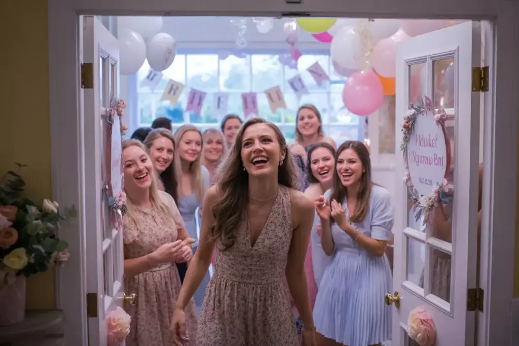 Bride entering decorated shower surprise joyful guests welcoming her