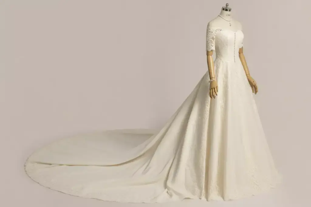 Classic lace off shoulder a line gown with cathedral train