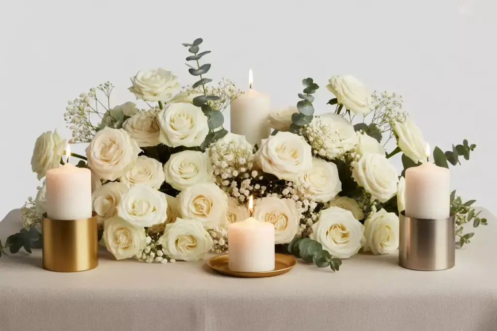 Overhead flatlay ivory roses pillar candles babys breath eucalyptus classic centerpiece