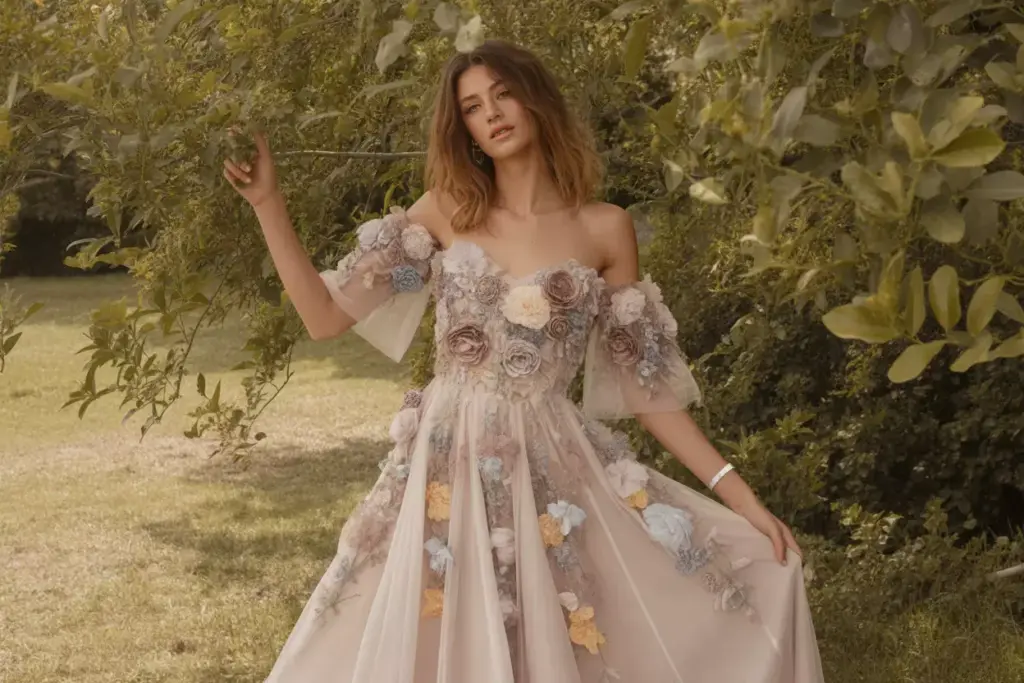 Bohemian floral applique gown in garden setting