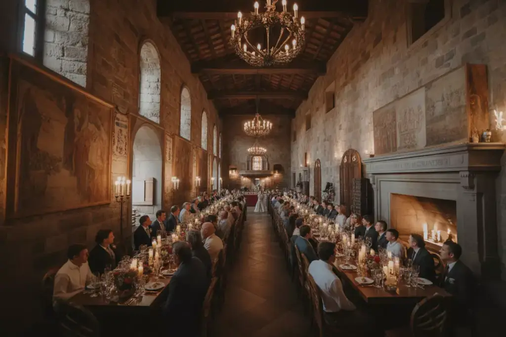 Castello di amorosa great hall medieval banquet wedding reception interior