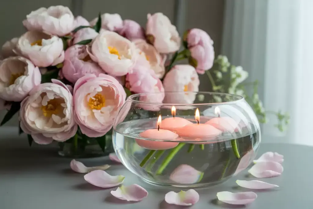 Closeup blush peonies floating candles clear glass bowl rose petals spring centerpiece