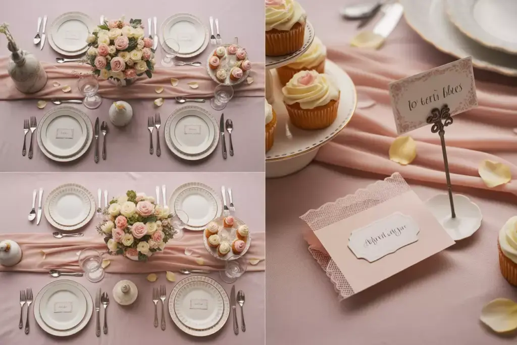 Overhead flat lay bridal shower tablescape flowers china place cards